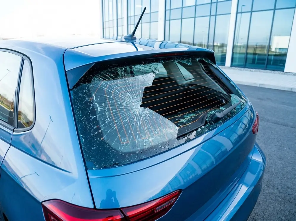 A shattered rear car windscreen before replacement